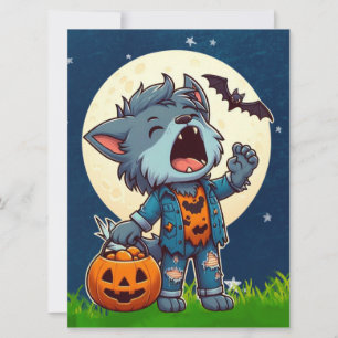 Schattig huilend weerwolfmonster met pompoen feestdagenkaart