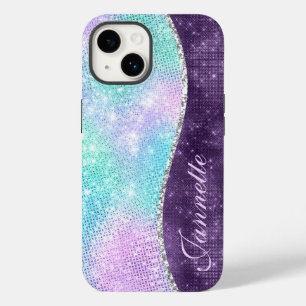 Schattig Iridiserend Lavendel Nep Glitter Monogram Case-Mate iPhone 14 Hoesje