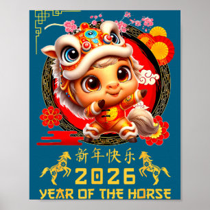 Schattig jaar Paard 2026 Maan Nieuwjaar Poster