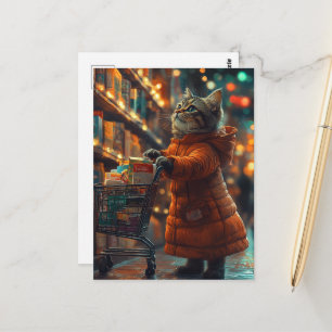 Schattig katje gekleed in oranje doet boodschappen briefkaart