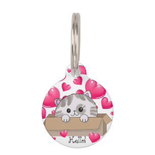 Schattig katje in een doos en roze harten huisdierpenning