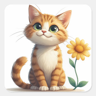 Schattig kattenkarakter met bloemen vreugde 🌷 vierkante sticker