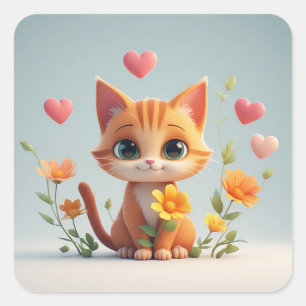 Schattig kattenkarakter met harten en bloemen vreu vierkante sticker