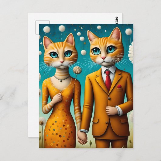 Schattig kattenpaar surrealistische bloemen briefkaart (Voorkant / Achterkant)