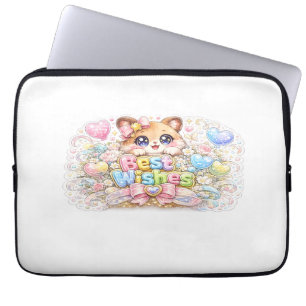 Schattig Kawaii Beste Wensen Kat Pastel Roze Bloem Laptop Sleeve