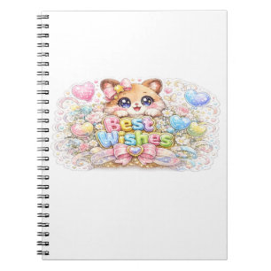 Schattig Kawaii Beste Wensen Kat Pastel Roze Bloem Notitieboek
