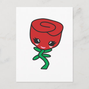 schattig kawaii enkele rode roos cartoon personage briefkaart