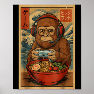 Schattig Kawaii Gamer Bigfoot Ramen Retro Japanse Poster