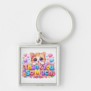 Schattig Kawaii Hartelijk Dank Kat Naam Pastel Roz Sleutelhanger