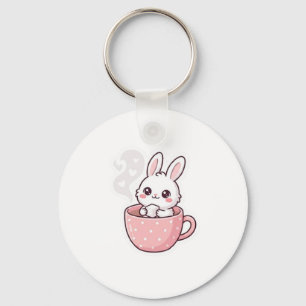 : Schattig Kawaii Konijn in Theekopje Knop. Sleutelhanger