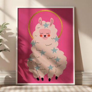 Schattig Kawaii Lama Pastel Roze Kinderkamer Poster