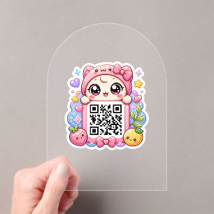 Schattig Kawaii Roze QR Code Karakter Bloemige Pas Acryl Uitnodigingen