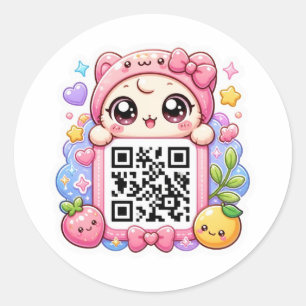 Schattig Kawaii Roze QR Code Karakter Bloemige Pas Ronde Sticker