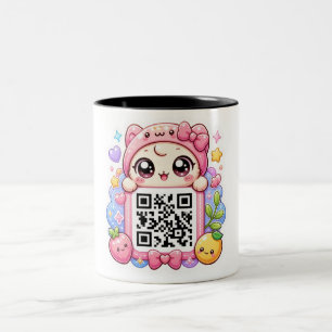 Schattig Kawaii Roze QR Code Karakter Bloemige Pas Tweekleurige Koffiemok