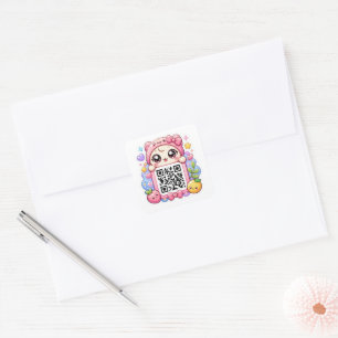 Schattig Kawaii Roze QR Code Karakter Bloemige Pas Vierkante Sticker