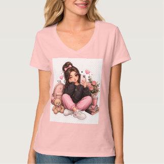 Schattig Kawaii Selfie Meisje Sticker T-Shirt Ontw