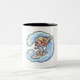 Schattig Kawaii Surfmeisje Oceaan Golf Zomer Stran Tweekleurige Koffiemok
