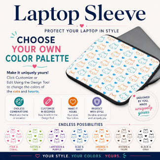 Schattig Kawaii Turquoise en Oranje Kattengezichtj Laptop Sleeve