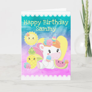 Schattig Kawaii Zomer Tropische Eenhoorn Verjaarda Kaart