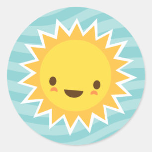 Schattig kawaii zon cartoon karakter op blauw ronde sticker