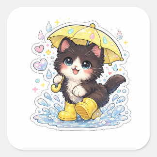 Schattig Kawaii Zwart & Wit Katje met Paraplu  Vierkante Sticker