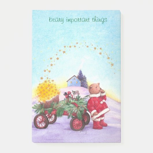 Schattig kerstBeer met rode wagon Post-it® Notes (Voorkant)