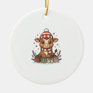 Schattig Kerstkalf Met Cadeaus Vintage Vector_1 Keramisch Ornament