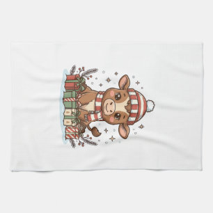 Schattig Kerstkalf Met Cadeaus Vintage Vector_1 Theedoek