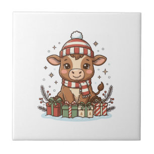 Schattig Kerstkalfsje Met Cadeaus Vintage Vector_1 Tegeltje