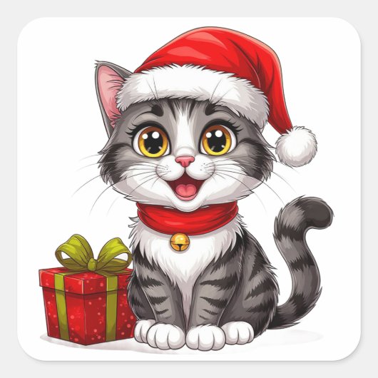 Schattig kerstkatje met kerstmuts vierkante sticker (Voorkant)
