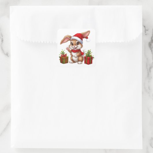 Schattig kerstkonijn met kerstmuts vierkante sticker (Tas)