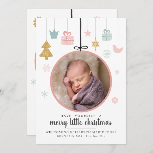 Schattig Kerstmis Kleine Kerstbal Foto Geboorte Aankondiging (Voorkant / Achterkant)