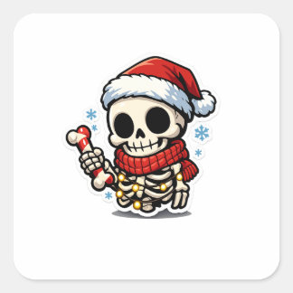 Schattig Kerstskelet met Suikerstok Kawaii Vierkante Sticker