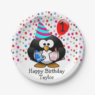 Schattig Kind 1e Verjaardag Pinguïn Papieren Bordje
