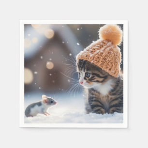 Schattig kitten en muis samen in de sneeuw servet