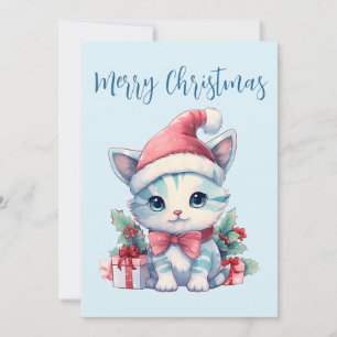 Schattig Kitten in een Kerstmannenhoed Kerstmis Feestdagenkaart