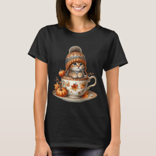 Schattig Kitten in Herfst Warme Theekop Herfststem T-shirt