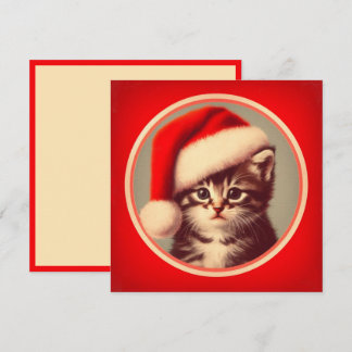 Schattig Kitten in Kerstmannenhoed Rood Retro Feestdagenkaart