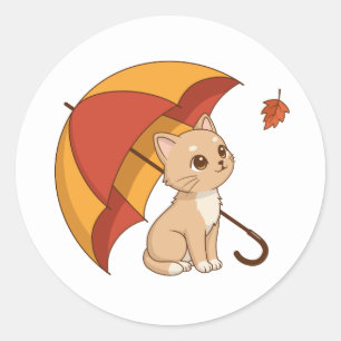 Schattig Kitten Kat Rood Geel Paraplu Herfst Ronde Sticker