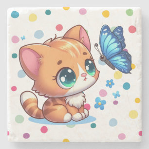 Schattig kitten/kat & vlinder stenen onderzetter
