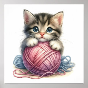 Schattig Kitten met Bal Wol Sfeervolle Kat Poster