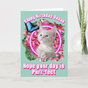 Schattig kitten met blauwe vlinder op neon tropisc kaart