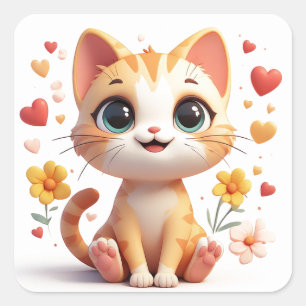 Schattig Kitten Met Bloemhartjes En Glimlach 💖 Vierkante Sticker