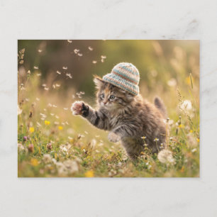 Schattig Kitten met een Hoed die Speelt met Paarde Feestdagenkaart