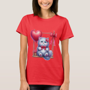 Schattig Kitten op Schommel met Hartballon Kunst � T-shirt
