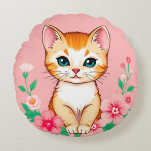 🐱 Schattig Kittens Bloemen Tuin Gelukzaligheid Rond Kussen
