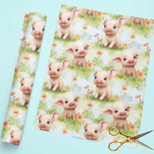 Schattig Klein Biggetje Gras Bloem Waterverf Patro Cadeaupapier