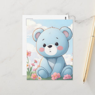 Schattig klein blauw teddybeer in de tuin briefkaart