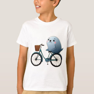 Schattig klein cartoon zeehond op een fiets t-shirt