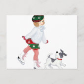 Schattig klein meisje dat skateeg op ijs en hond briefkaart (Voorkant)